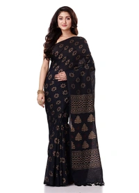 Golden Floral Hand Paint Saree - Black