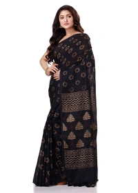 Golden Floral Hand Paint Saree - Black