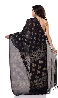 Golden Floral Hand Paint Saree - Black