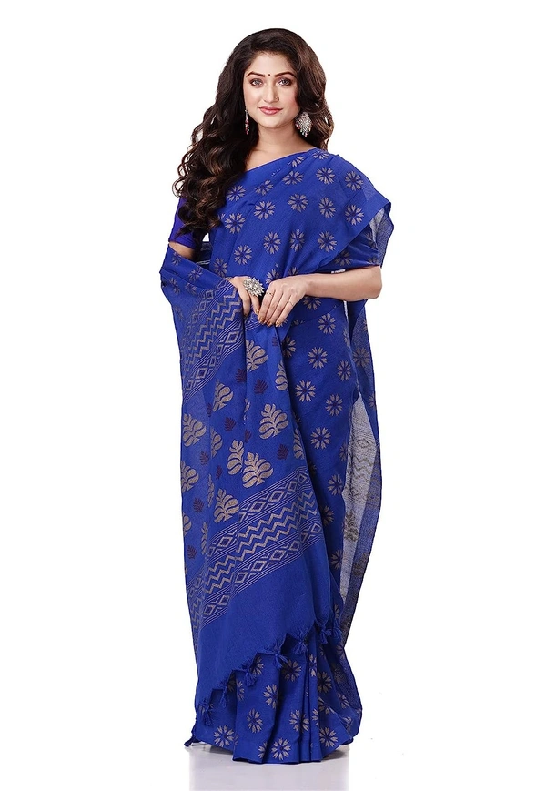 Golden Floral Hand Paint Saree - Blue