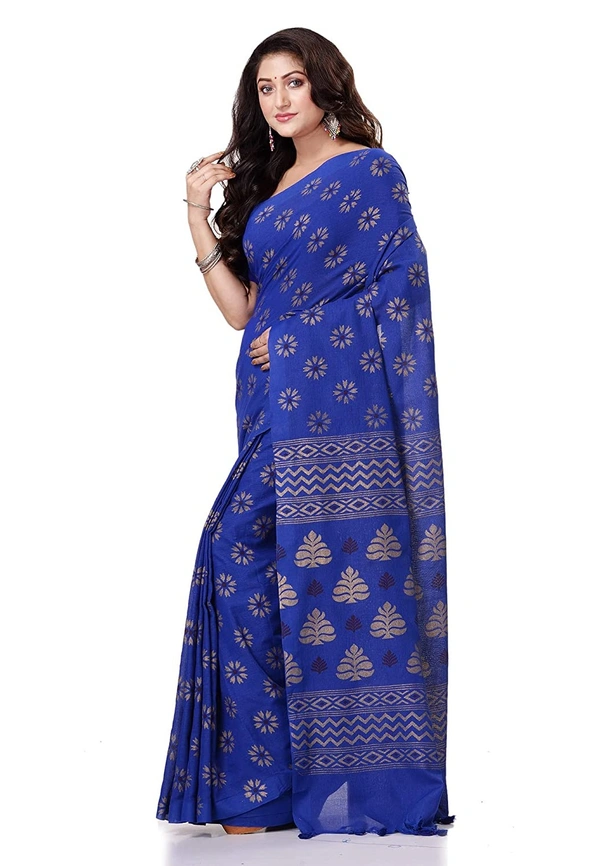 Golden Floral Hand Paint Saree - Blue