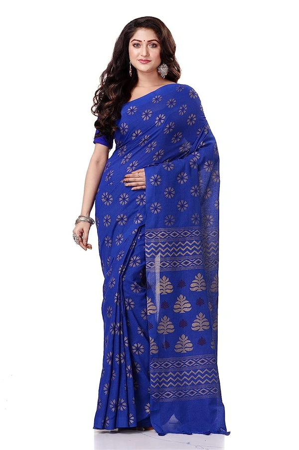 Golden Floral Hand Paint Saree - Blue