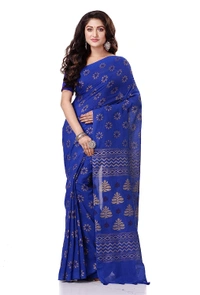 Golden Floral Hand Paint Saree - Blue