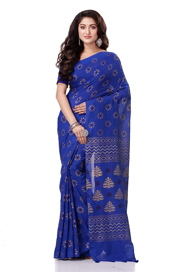 Golden Floral Hand Paint Saree - Blue
