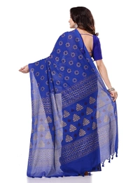 Golden Floral Hand Paint Saree - Blue