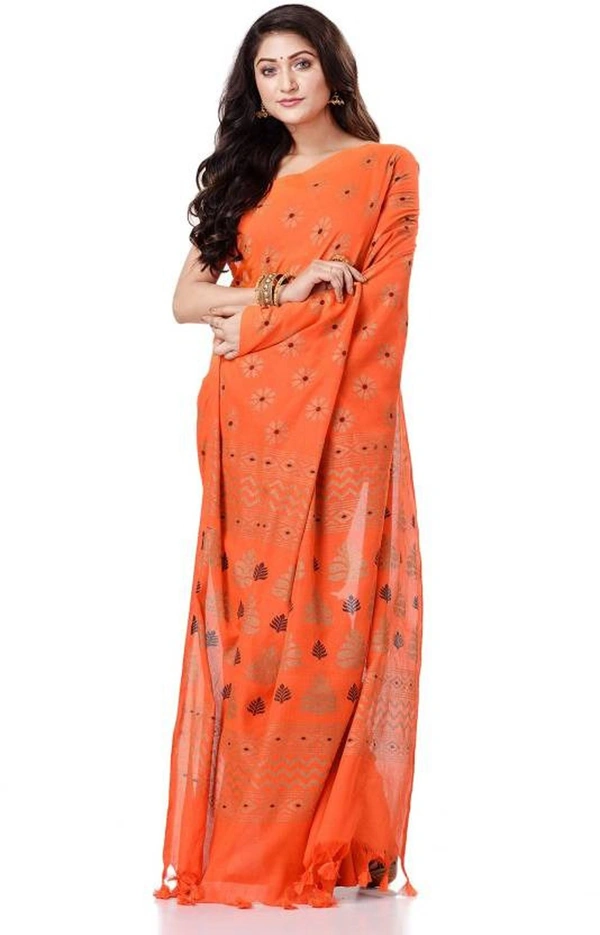 Golden Floral Hand Paint Saree - Flush Orange