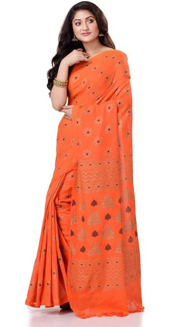 Golden Floral Hand Paint Saree - Flush Orange