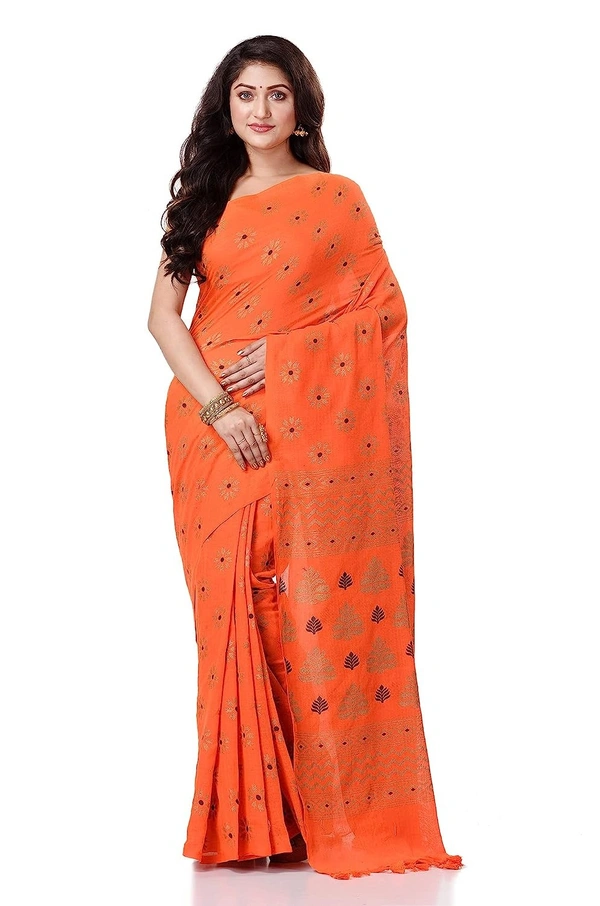 Golden Floral Hand Paint Saree - Flush Orange
