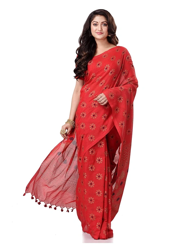 Golden Floral Hand Paint Saree - Red