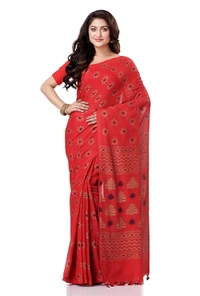 Golden Floral Hand Paint Saree - Red
