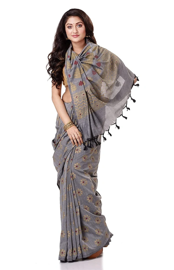 Golden Floral Hand Paint Saree - Silver