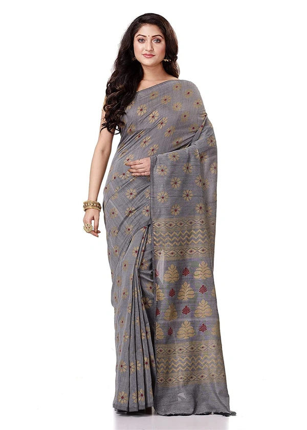Golden Floral Hand Paint Saree - Silver
