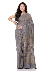 Golden Floral Hand Paint Saree - Silver