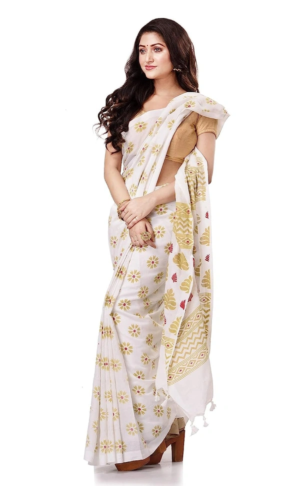 Golden Floral Hand Paint Saree - White
