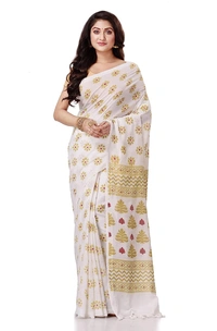 Golden Floral Hand Paint Saree - White