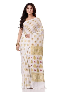 Golden Floral Hand Paint Saree - White