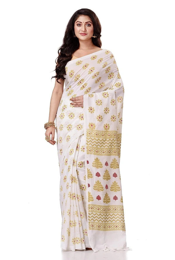 Golden Floral Hand Paint Saree - White