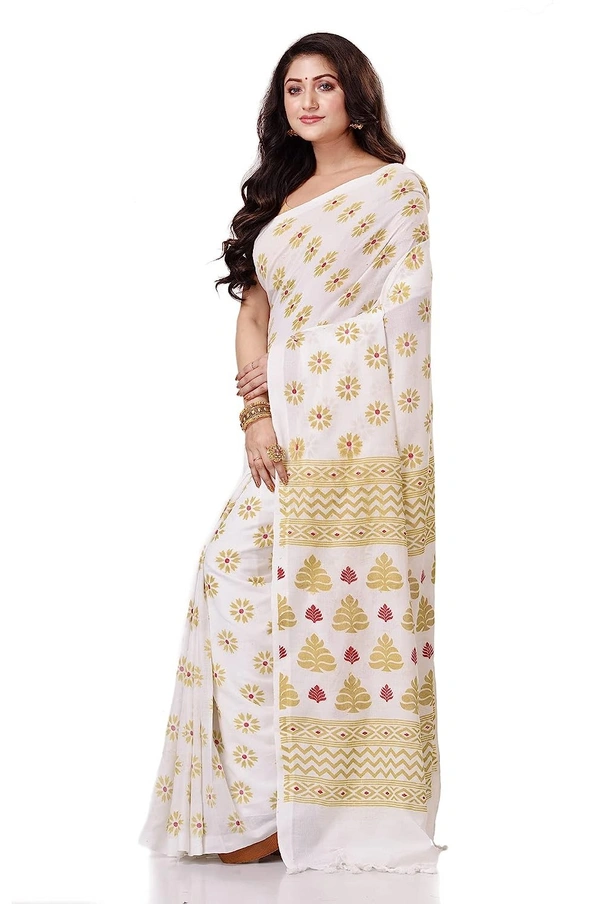 Golden Floral Hand Paint Saree - White