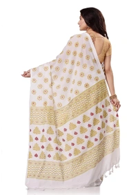 Golden Floral Hand Paint Saree - White