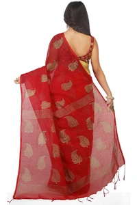 Golden Leaf Hand Paint Saree - Red