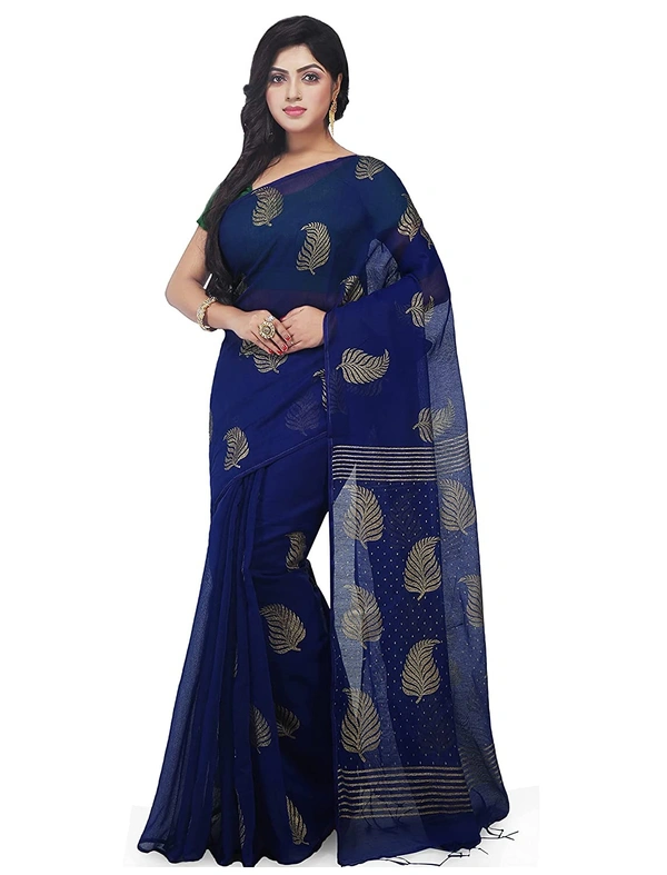 Golden Leaf Hand Paint Saree - Navy Blue