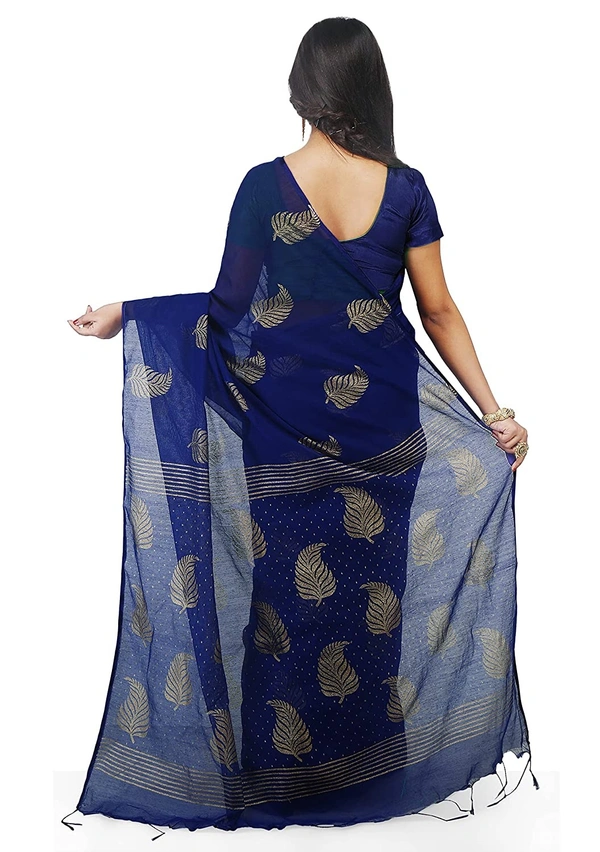 Golden Leaf Hand Paint Saree - Navy Blue