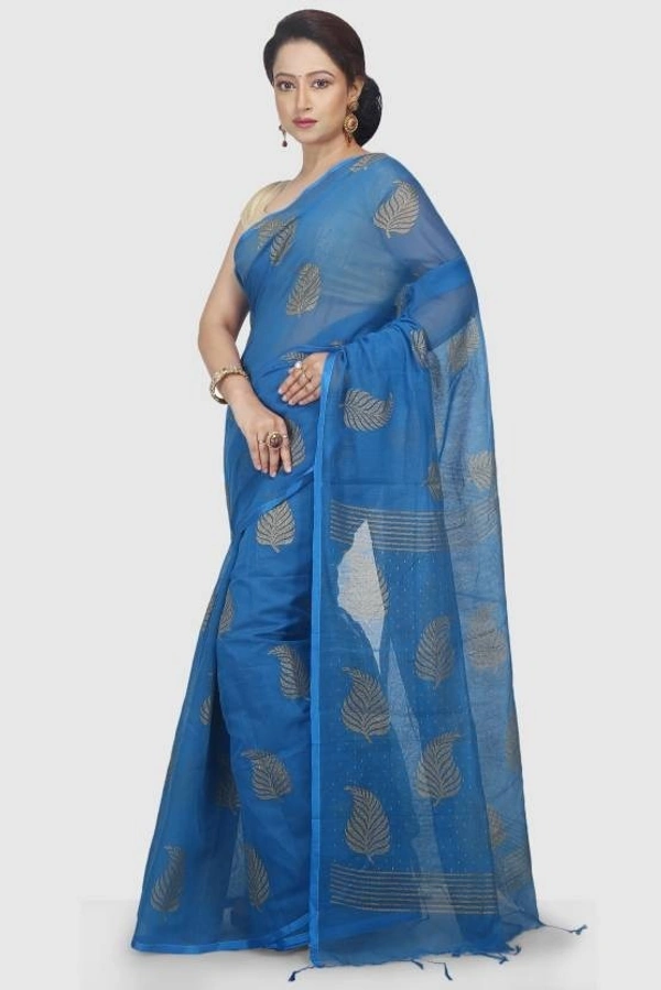 Golden Leaf Hand Paint Saree - Blue