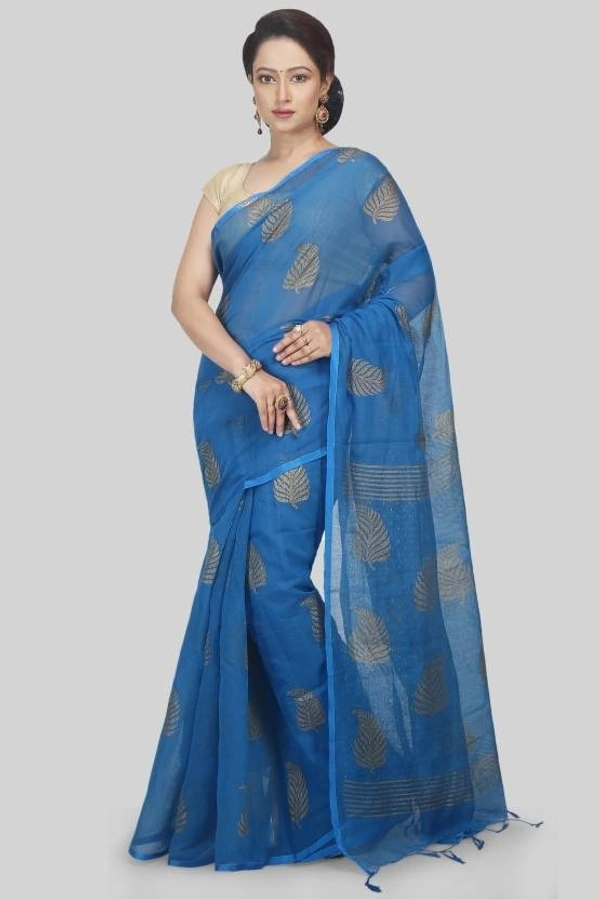 Golden Leaf Hand Paint Saree - Blue