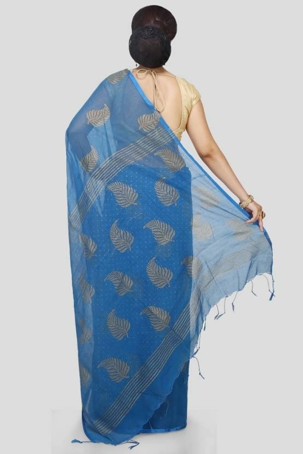 Golden Leaf Hand Paint Saree - Blue
