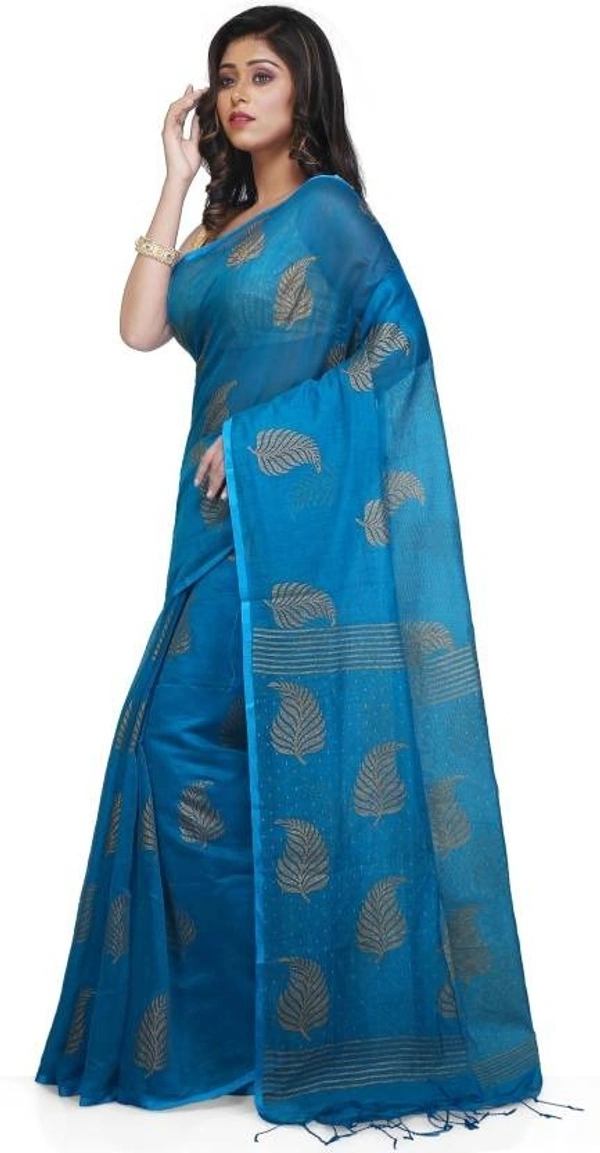 Golden Leaf Hand Paint Saree - Seagull