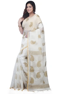 Golden Leaf Hand Paint Saree - White