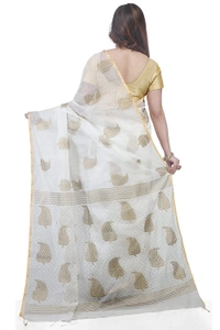 Golden Leaf Hand Paint Saree - White