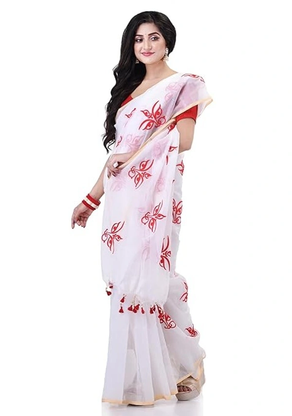 Handloom Devi Embroidered Saree - White & Red