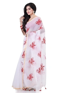 Handloom Devi Embroidered Saree - White & Red