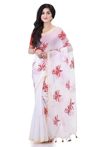 Handloom Devi Embroidered Saree - White & Red
