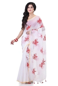 Handloom Devi Embroidered Saree - White & Red