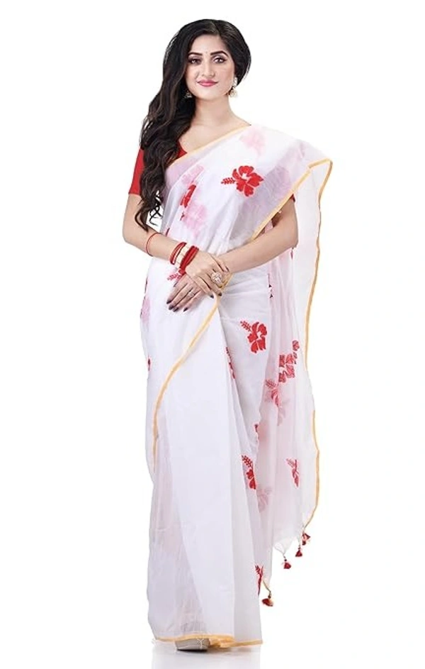 Handloom Flower Embroidered Saree - White & Red