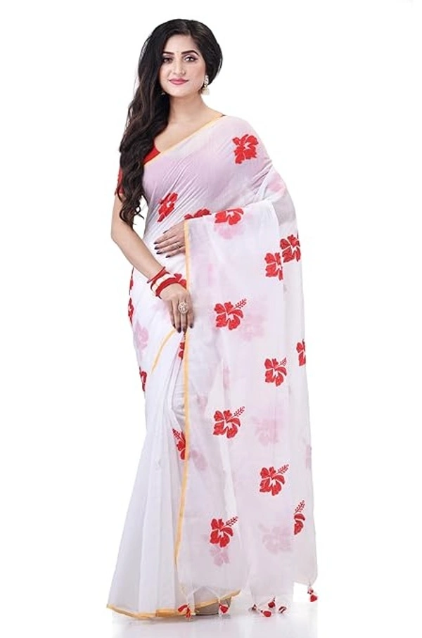 Handloom Flower Embroidered Saree - White & Red