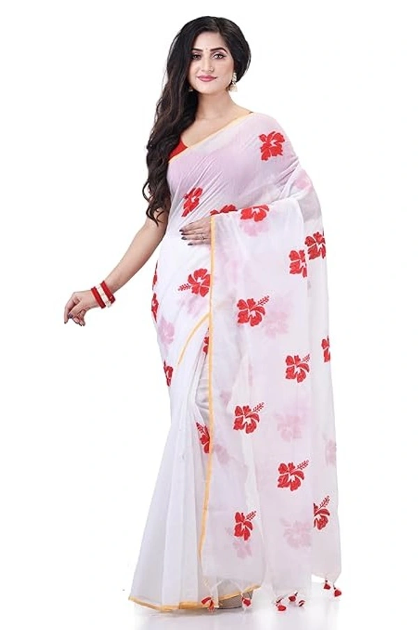 Handloom Flower Embroidered Saree - White & Red