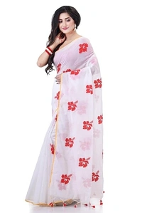 Handloom Flower Embroidered Saree - White & Red
