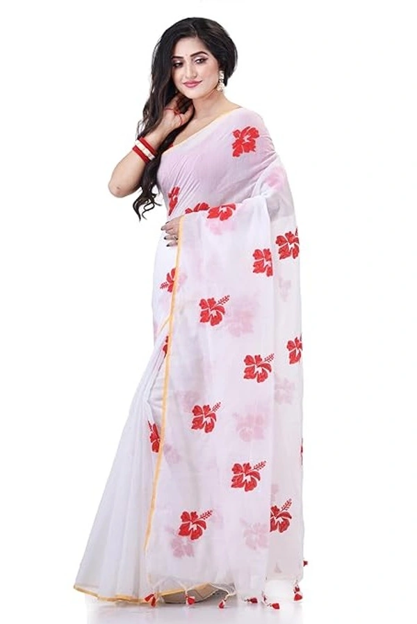 Handloom Flower Embroidered Saree - White & Red