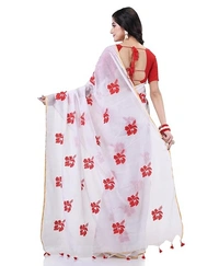 Handloom Flower Embroidered Saree - White & Red