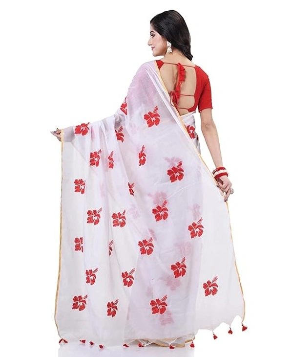 Handloom Flower Embroidered Saree - White & Red