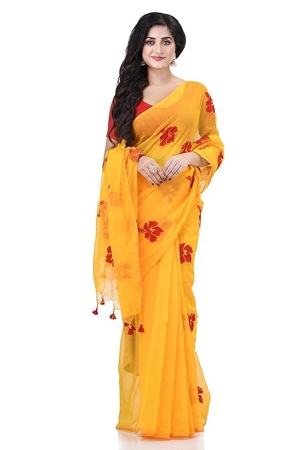 Handloom Flower Embroidered Saree - Yellow