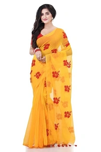 Handloom Flower Embroidered Saree - Yellow
