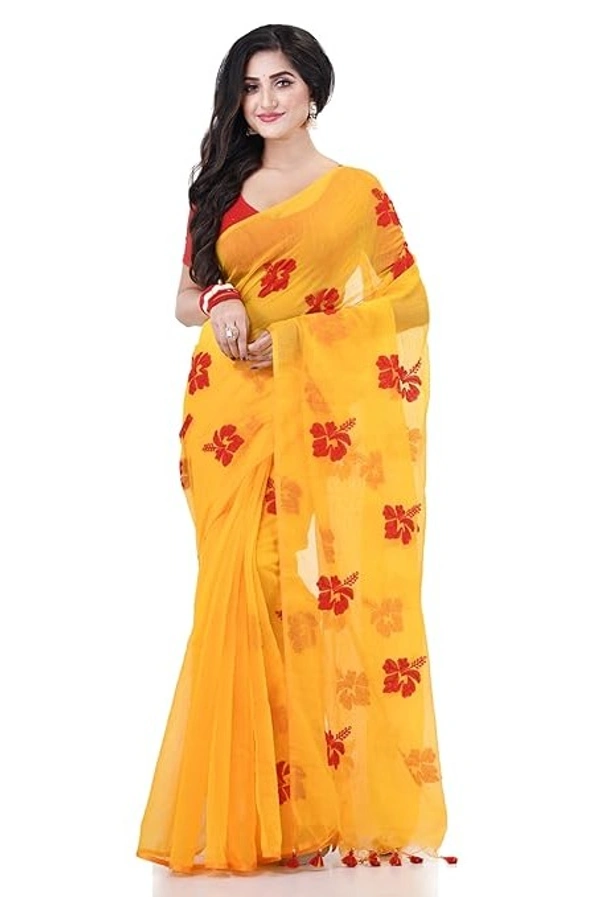 Handloom Flower Embroidered Saree - Yellow