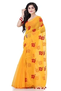 Handloom Flower Embroidered Saree - Yellow