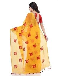 Handloom Flower Embroidered Saree - Yellow