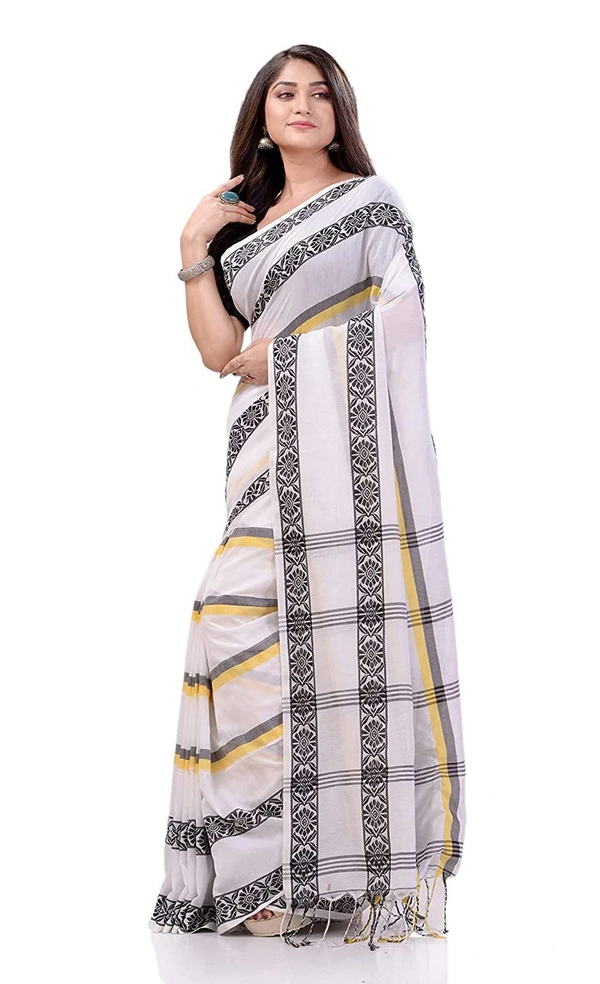 Handloom Jamdani Woven Cotton Saree - White, Cotton
