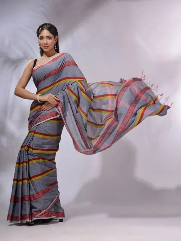 Handloom Jamdani Woven Cotton Saree - Gray, Cotton